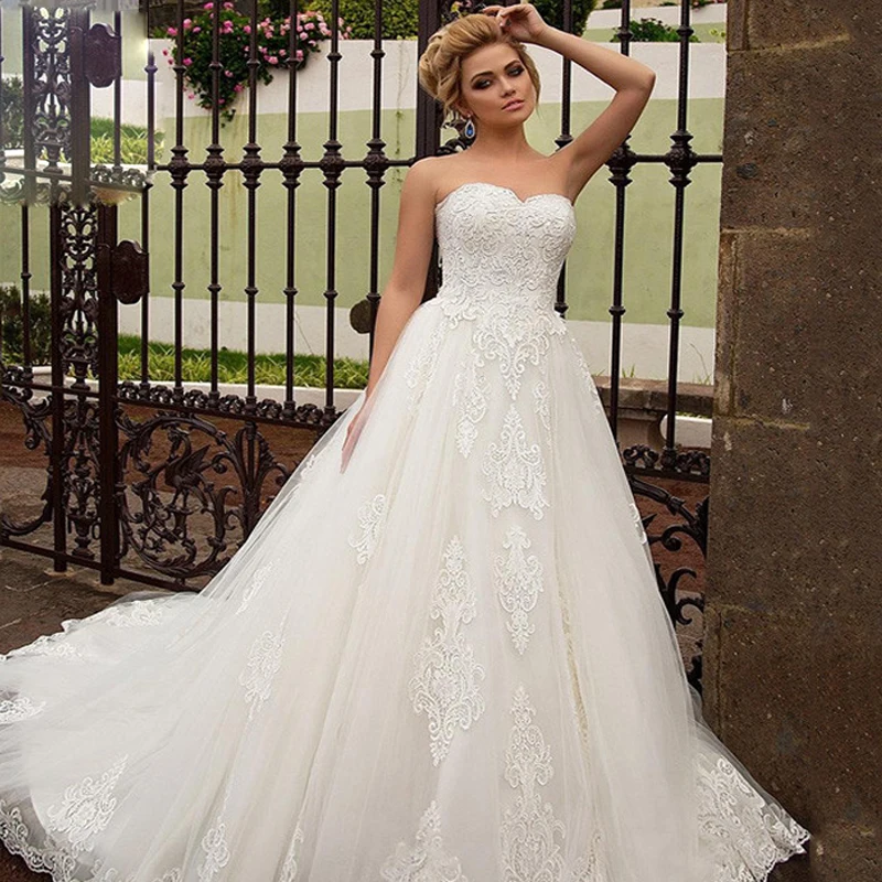 

MNGRL Wedding Dress Simple Retro Tube Top Sleeveless White Lace 3D Flower Tail Wedding Gown Backless Plus Size Bridal Dresses