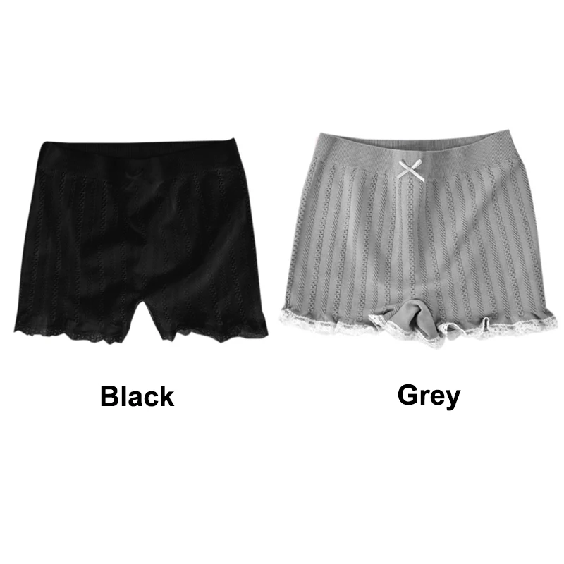 Black Grey Женские Эластичные облегающие шорты, кружевные хлопковые шорты для мальчиков, под юбку, безопасные штаны для мальчиков, шорты с бантом, под брюки, боксеры, Mujer - Цвет: Black Grey