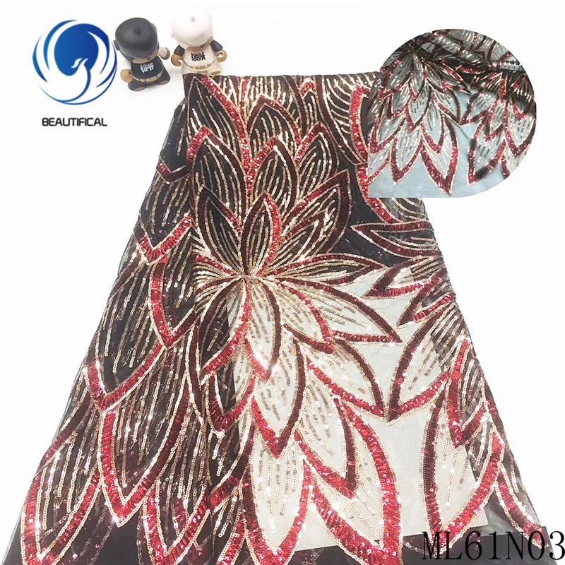 

Beautifical Nigerian lace fabrics 2020 New 3 centimeter tow-tone gradient flowers net lace fabric with sequins 5yards ML61N03