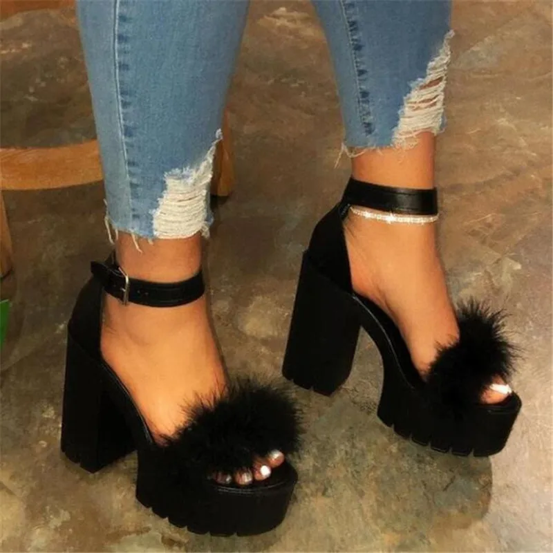 

Designer 2021 summer new hairy high heels thick heel sandals womens fashion large size casual platform slippers women shoes