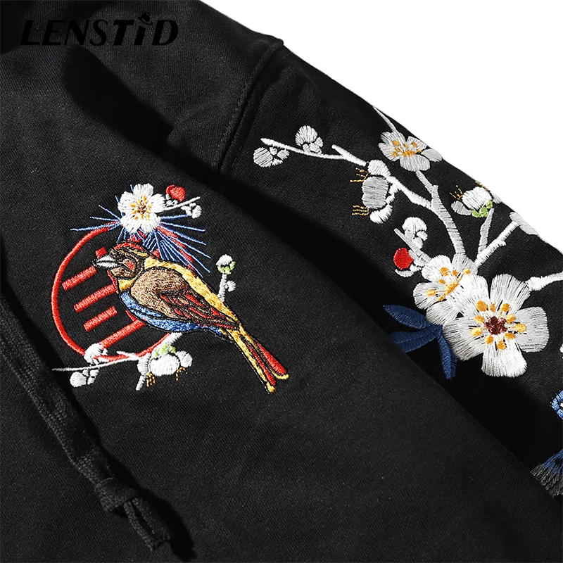 LENSTID мужские хип хоп Вышивка Птицы Сакура пуловер толстовки уличная японский