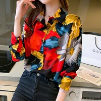 women loose chiffon blouse shirt long sleeve turn down collar flower pattern casual spring autumn blouses womens top clothing