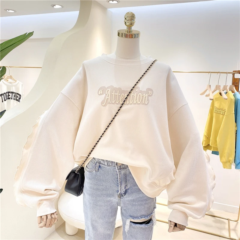 

2021 Spring Autumn New Embroidered Letter Ruffle Sleeve Female Top Oversized Long Sleeves Hoodie Pullover Casual Sweatshirt