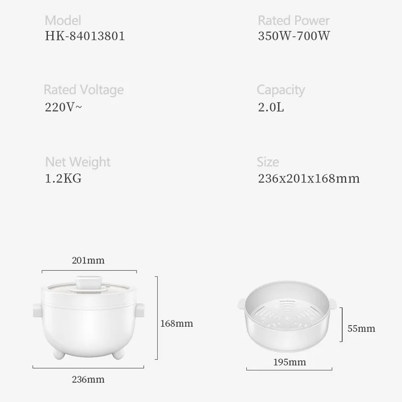 

Electric Hot Pot Nano Ceramic Glaze Liner Non-Stick Rice Cooker 350W/700W Steamer 2L Large-Capacity Cooking Frying Boiling Pot
