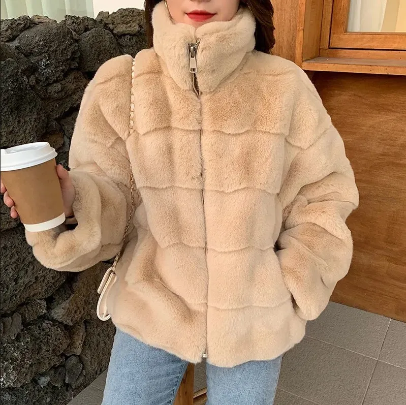 2021 Women Thick Fur Jacket Female Zipper Stand-Up Collar Fur Coat High Quality Casual Plus Size Solid Color Ladies Plush Coats
