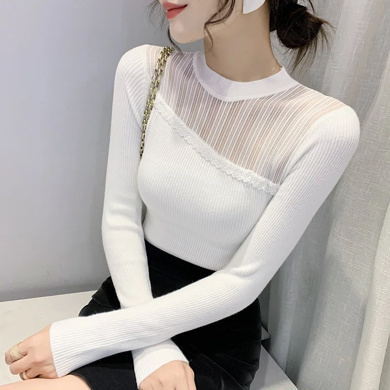 

#6567 Black White Hollow Out Knitted Sweater Female Slim Sexy Basic Sweater Women Spliced Mesh Knitwear Pullover Women Autumn