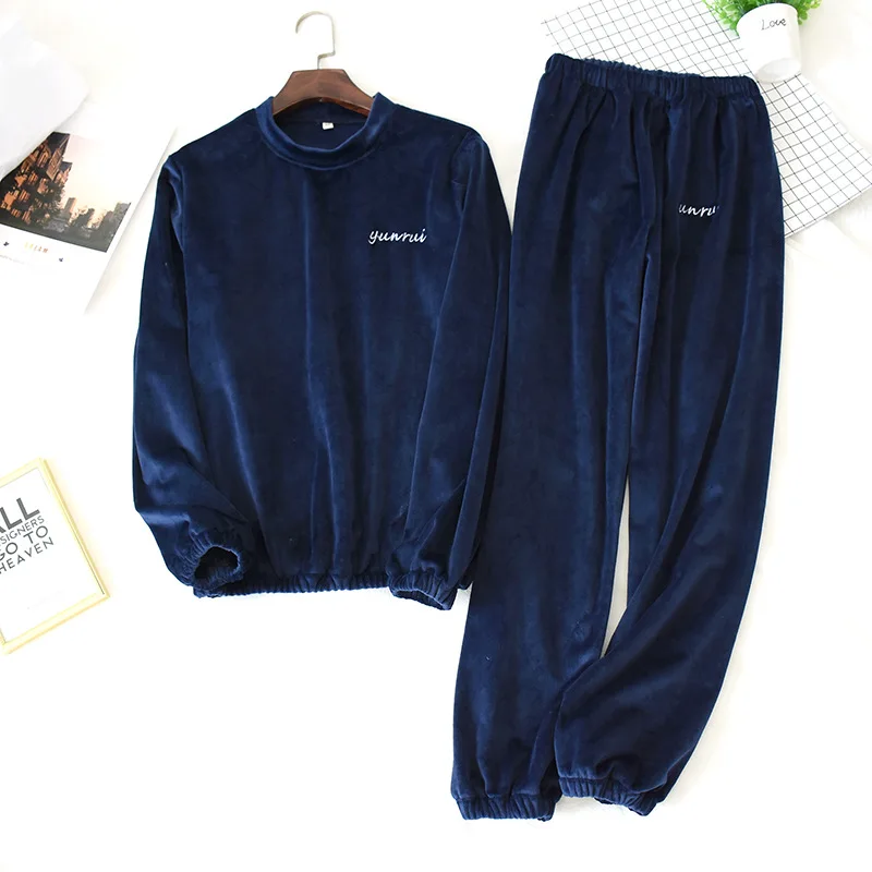 Men dark blue Новые зимние теплые парные пижамы, наборы, Женский пуловер, утолщенная фланелевая однотонная пижама с длинным рукавом, пижамы для женщин и мужчин - Цвет: Men dark blue
