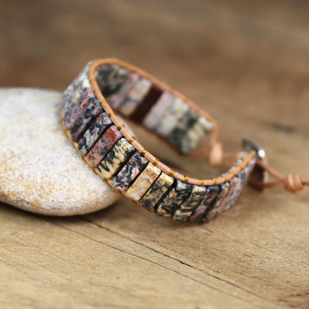 Кожаный плетеный браслет ручной работы в богемном стиле с леопардовым рисунком |