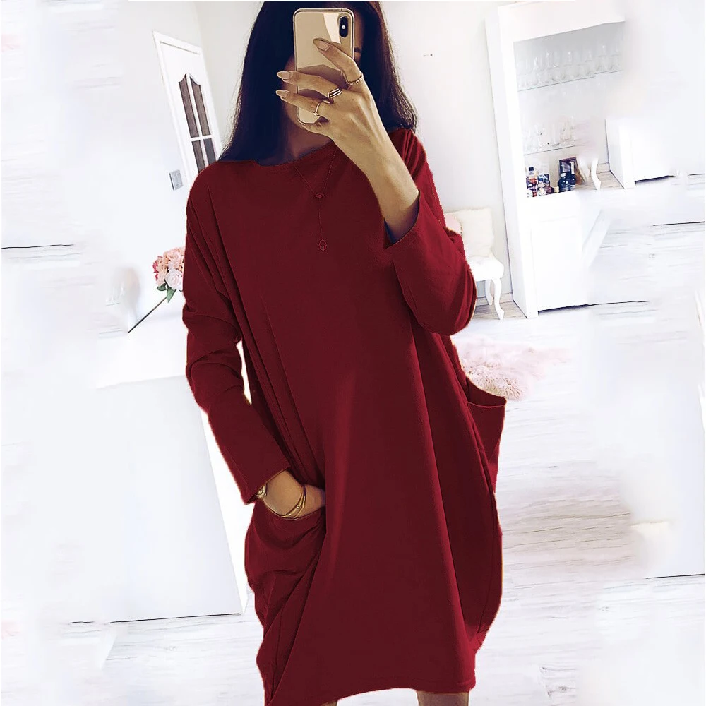 Женское свободное платье с круглым вырезом однотонное Повседневное длинным