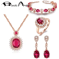 black angel new 18k rose gold ruby jewelry set openwork four clover bracelet earrings necklace adjustable rings gift for women