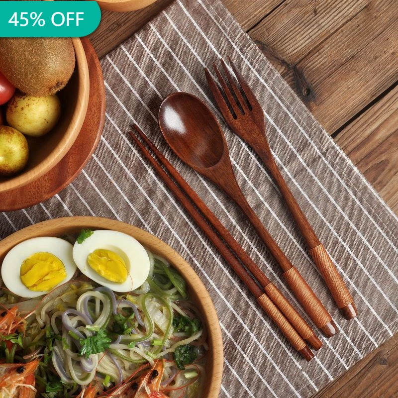 

Natural Wood Spoon Chopsticks and Fork Dinner Set Rice Soup Tableware Grain Handmade Solid Wood Long Handle Portable Tableware