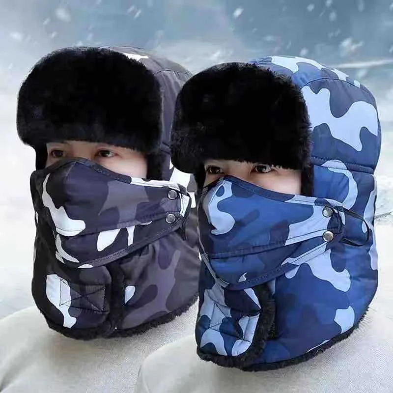 

Армейская ушанка в стиле милитари для мужчин и женщин, камуфляжная зимняя шапка-бомбер с маской, теплая шапка-ушанка из искусственного меха,...