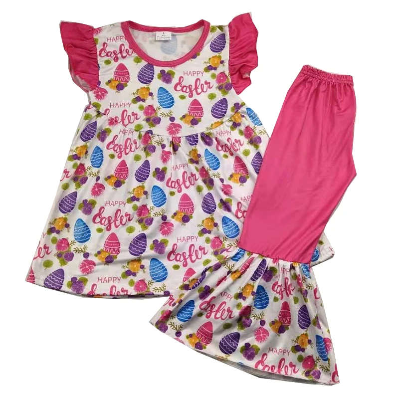 

children boutique Easter egg printed pearl clothing set kids girl summer bell bottom set