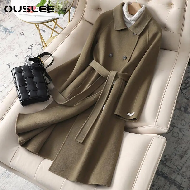 

OUSLEE Women Long Wool Coat Jacket Spring Autumn Black Loose Woolen Overcoat Split Hem Cardigan Outerwear Chic Stylish Jacket