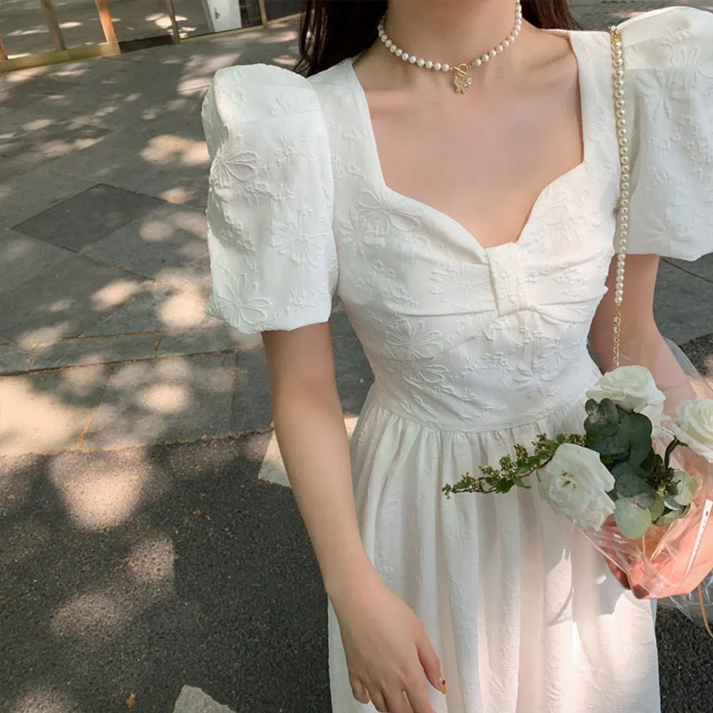 

2021 Summer Beauty Woman Commuter Fashion Cute Style Korean Bow Fairy Long Skirt Puff Short Sleeve Design Sense Dresses