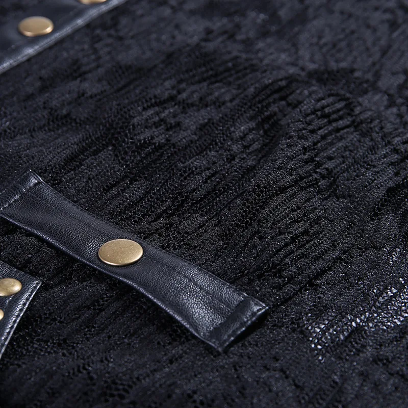Sexy Lace PU Leather Jackets Coat Women Autumn Black See Through Tops Skull Print Fashion Punk Rivet Streetwear Outerwear Female