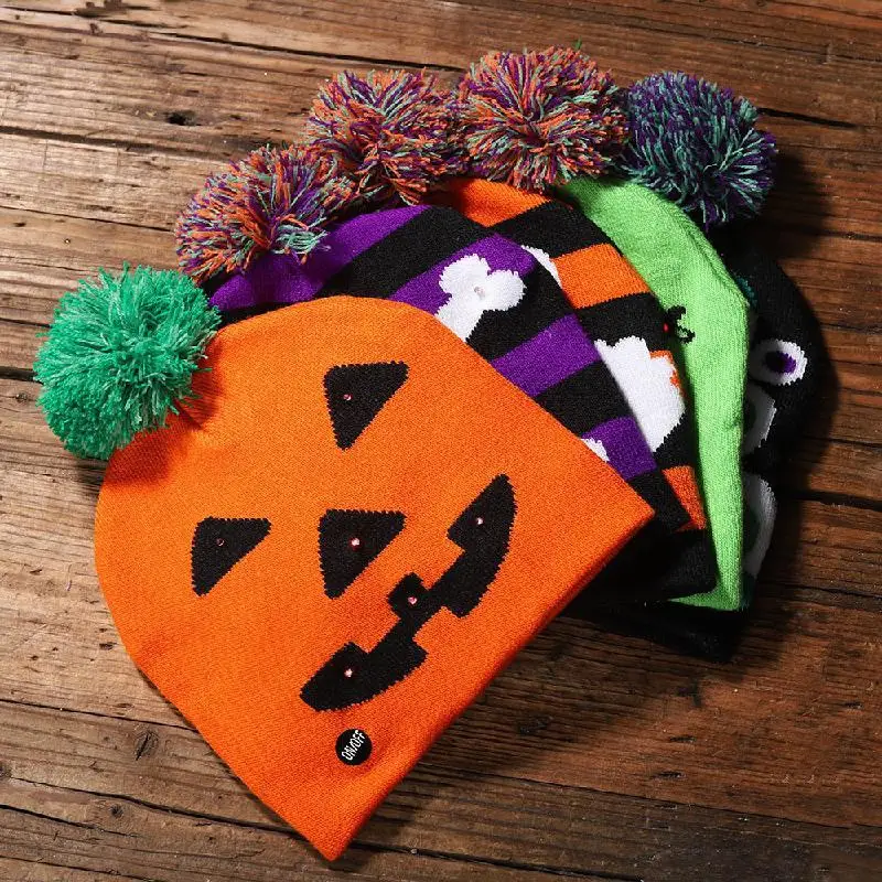 

Halloween Luminous Knitted Hat Skull Ghost With Lamp Cap Children Adult Hat Party Supplies Hat Dress Up Headgear And Funny Party