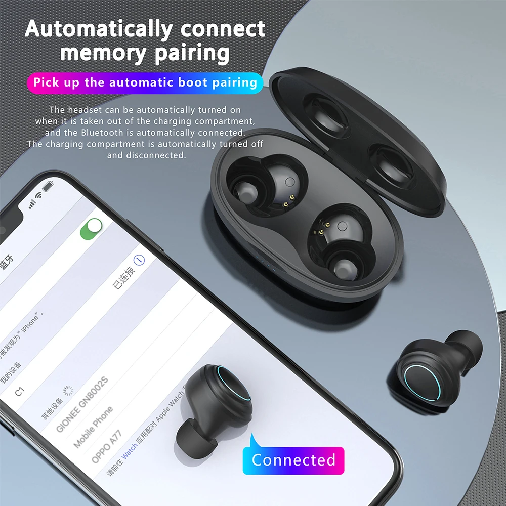 Беспроводные Bluetooth наушники WELESS C1 TWS с сенсорным управлением, стереозвуком высокой четкости, плавными спортивными играми, защитой от пота и зарядным футляром.