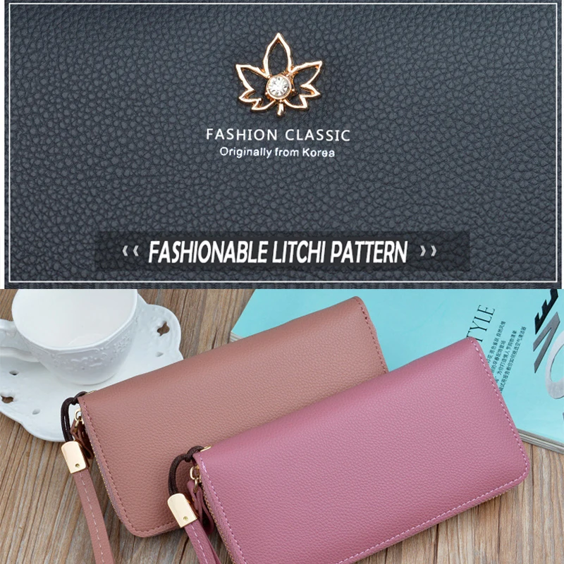 

Women Long Clutch Wallet Large Capacity Wallets Female Diamonds Sequined leaf Lady Coin Purses Phone Card Holder Lichee Pattern