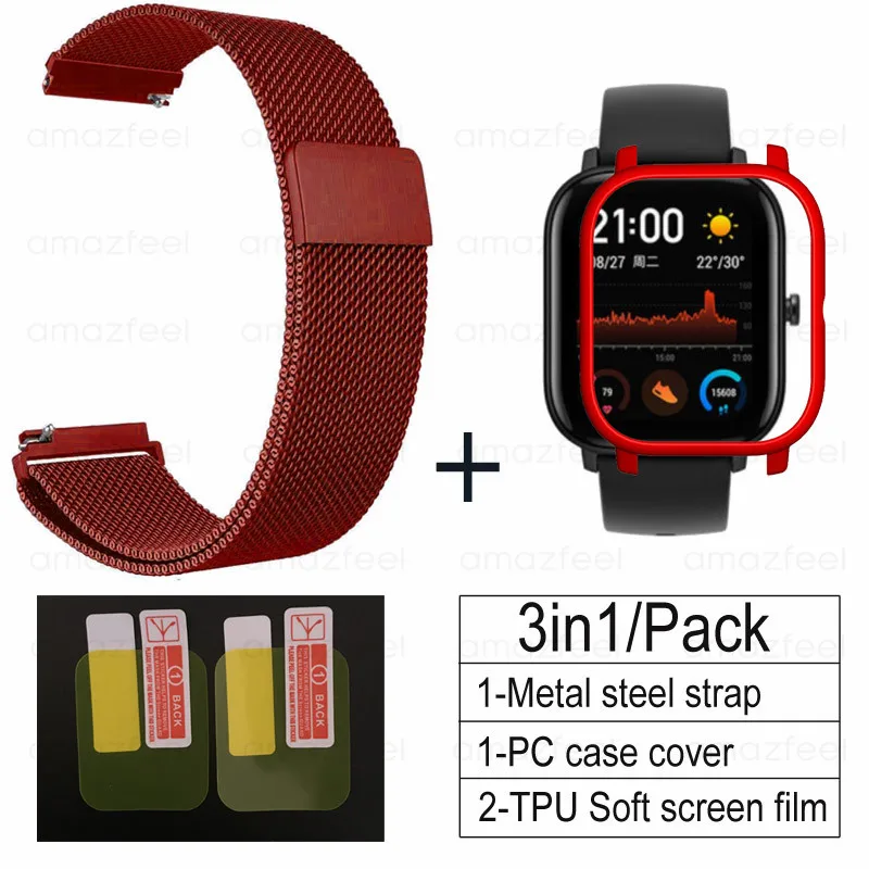 RED-RED 3 в 1 Аксессуары для Amazfit GTS ремешок с чехол металлический Миланский Браслет для Huami Amazfit GTS Band Защитная пленка для экрана - Цвет: RED-RED