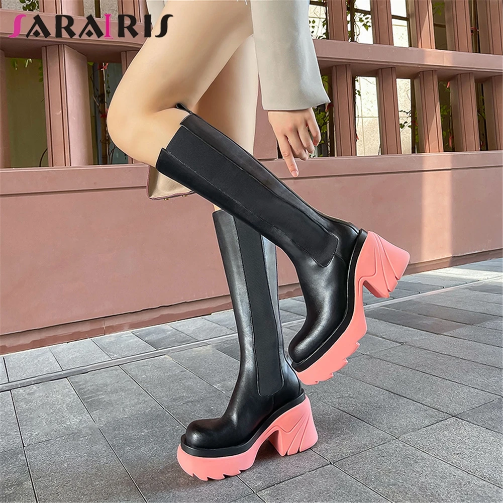 

SaraIris For Dropship Women Boots Slip On Med Calf High Heel Platform Boots Casual Punk Goth Design Genuine Leather Shoes