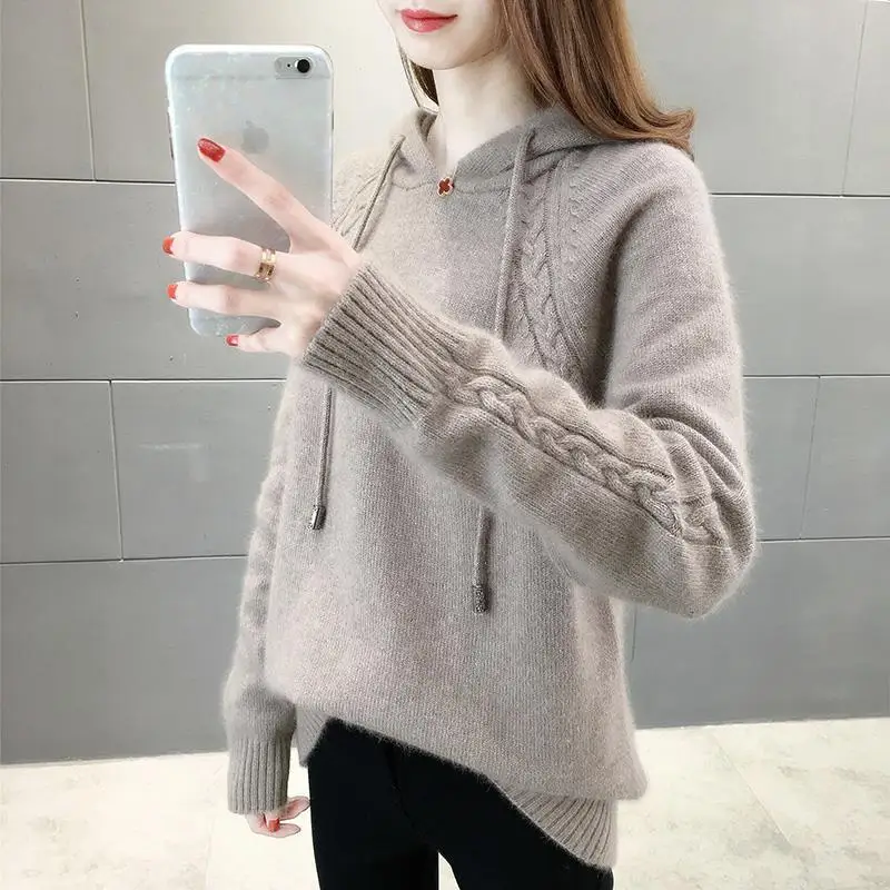 

2020 New Fashion Women's Trendy Ladies Solid Color Pullovers Hooded Sweaters Loose Elegant Casual Long Sleeve Chic Knitted Y24