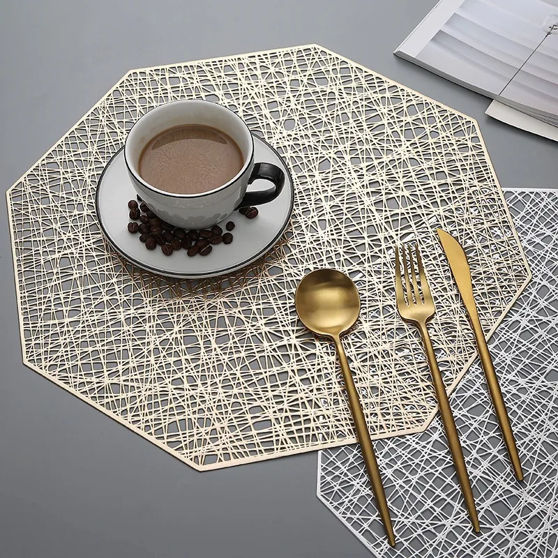 

6/4pcs PVC Placemats Cutout Hangable mat Octagonal Hollow Non Slip Dining Table Mats Coaster Home table Decoration Gold Placemat