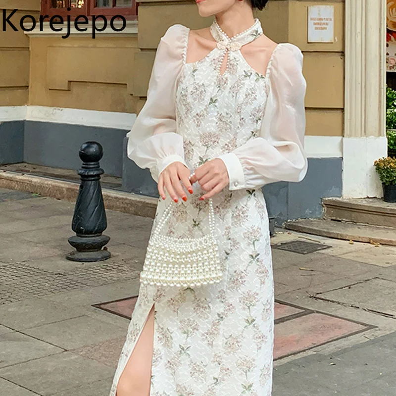 

Женское платье Korejepo, элегантное нежное платье-чосам в китайском стиле ретро, украшенное бисером, с длинным рукавом и цветочным принтом, осен...
