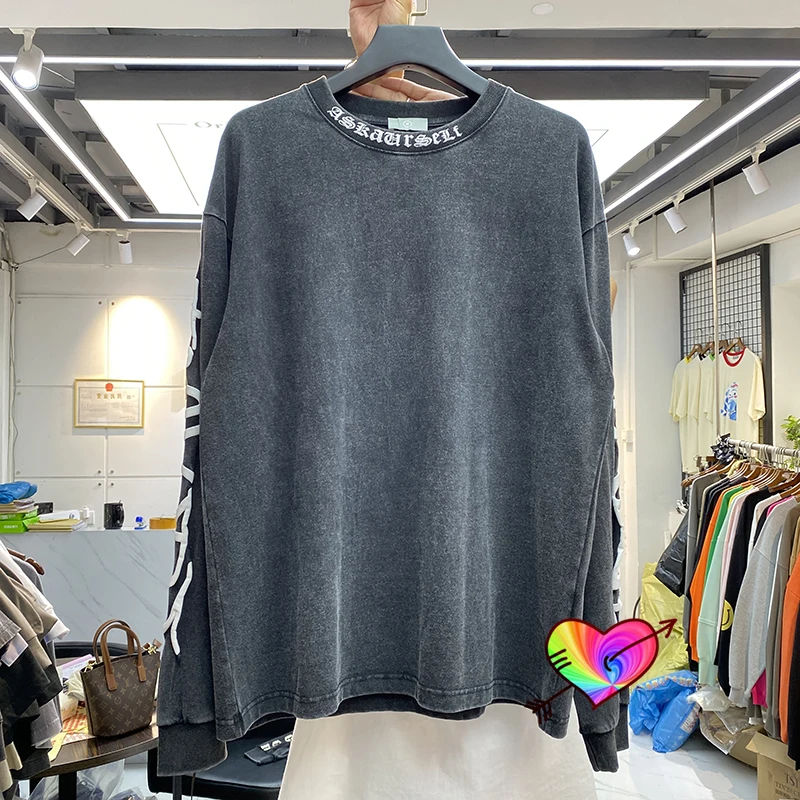 

ASKYURSELF T Shirt 2021FW Men Women High Quality Long Sleeve Collar ASKYURSELF Logo Tee Oversize Vintage Washed Tops
