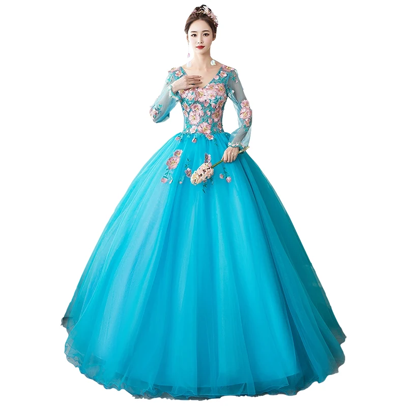 Quinceanera Dresses 2021 Elegant V-neck Party Prom Ball Gown Long Sleeve Sweet Floral Print Vestido De Dress | Свадьбы и торжества