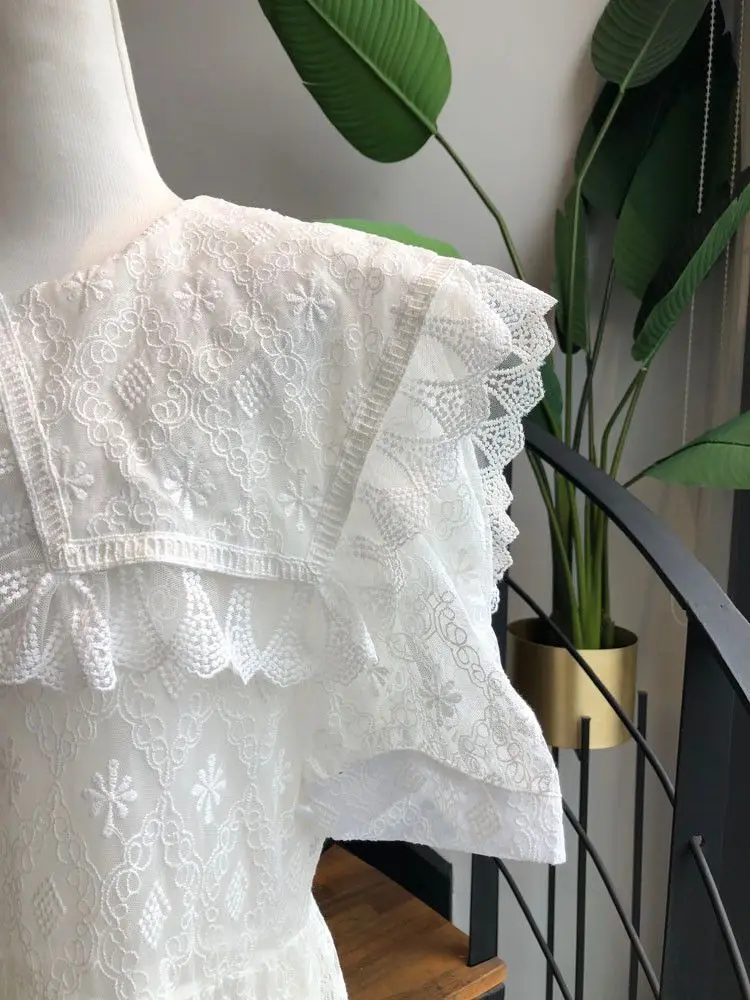 

ZCSMLL Large Lapel Lace White Vestido Crocheted Loose Long Knee-length Puff Sleeve Dress Women 2021 Spring Summer