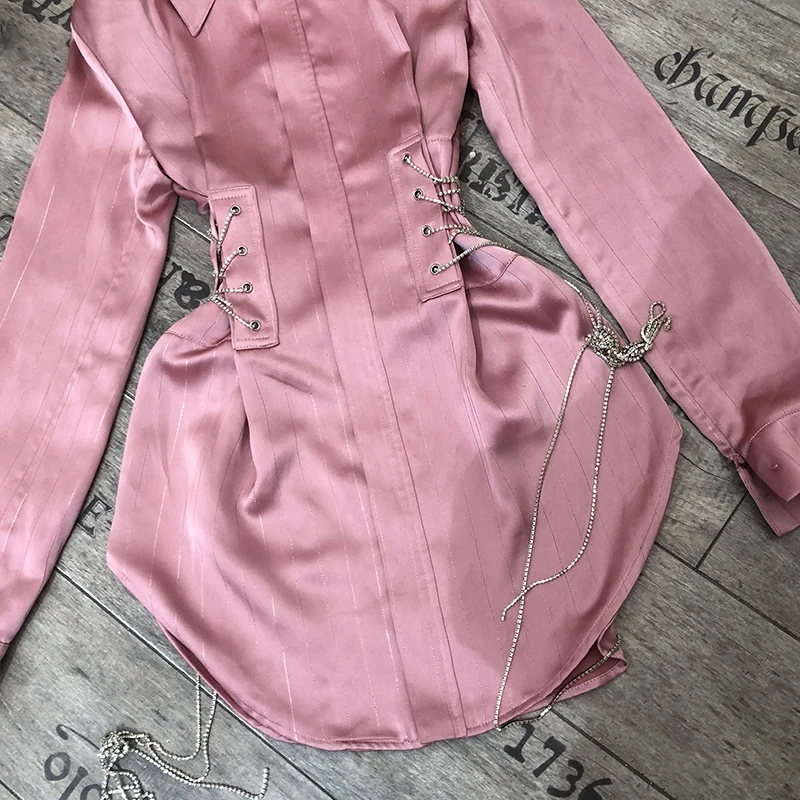 

VERDEJULIAY Runway Fashion Pink Blouse Slim Bodycon Sexy Waist Bandage High Street Chian Irregular Elegant Long Blouse