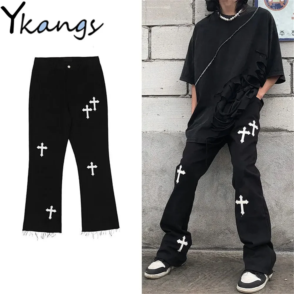 

Vintage Gothic Cool Embroidery Wide Leg Hip-Hop Long Trouser Overalls Harajuku Wear Punk Denim Black BF Streetwear Cargo Pants