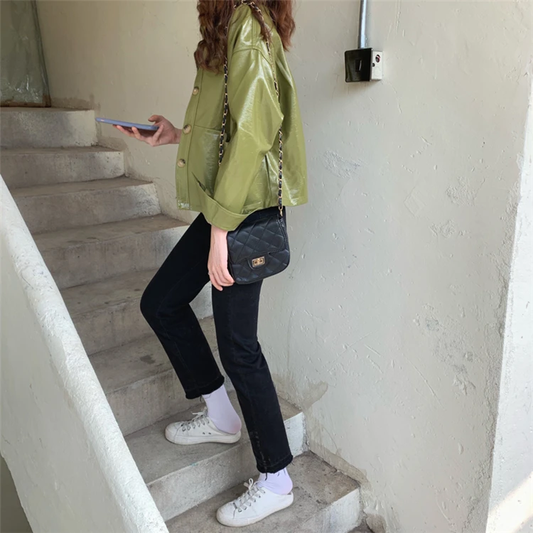 

New 2021 Fall Winter Women's Leather Jackets Pockets Outerwear Fashionable Faux Leather Wild Short Lady Tops