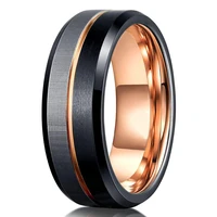 fashion 8mm men black brushed stainless steel ring rose gold color line groove beveled edge ring mens wedding band wholesale