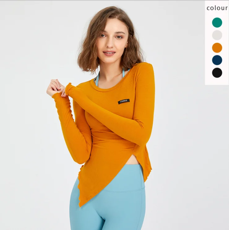 

Женская быстросохнущая рубашка для йоги с длинными рукавами облегающий топ для тренировок в тренажерном зале Спортивная футболка сексуаль...