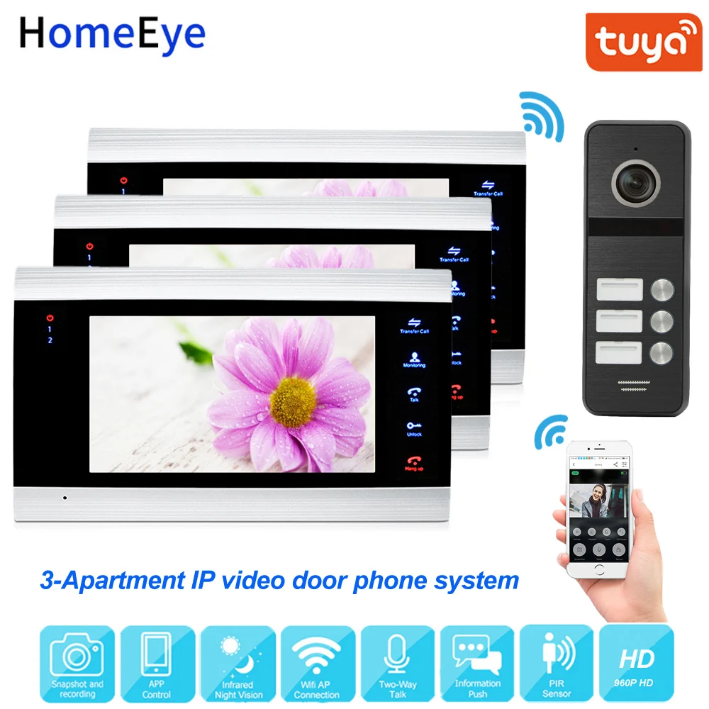 Tuya Smart приложение Поддерживаемые IP видео телефон двери Wi Fi домофон 3 квартиры 960P HD