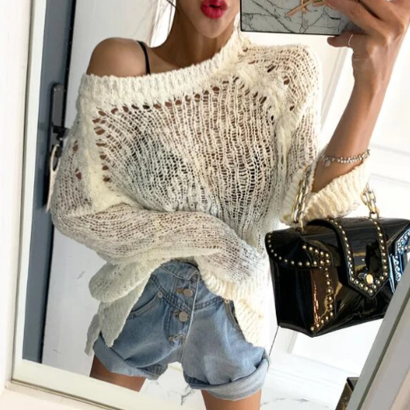 

Женский однотонный белый вязаный укороченный топ RUGOD с круглым вырезом и вырезами, повседневный праздничный Топ, пуловер с расклешенными ру...