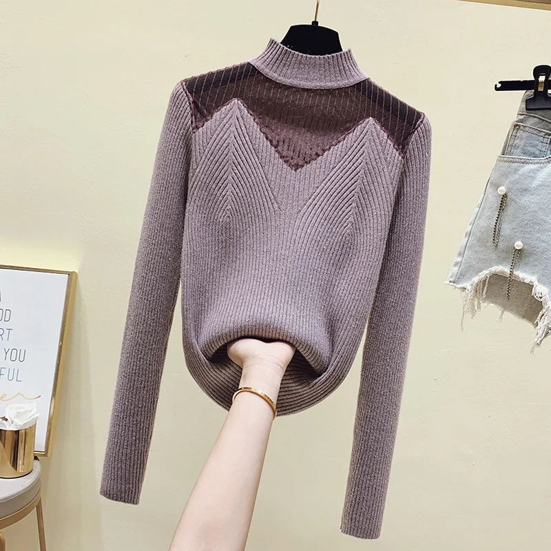 Яркий шелковый кружевной пуловер Женский Осенний блестящий свитер с длинным