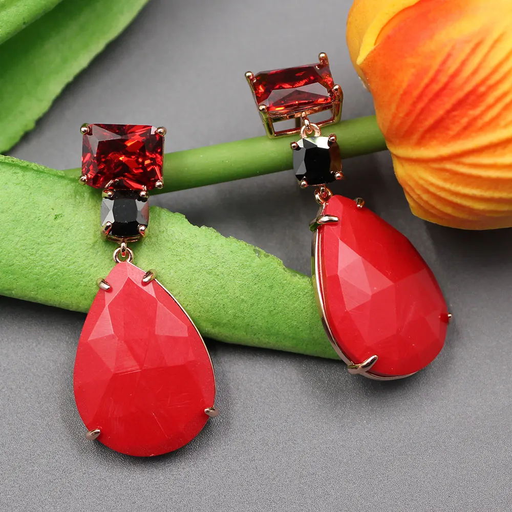 Red Jade Red Colorful Crystal Aventurine Rose Gold Color Bezel Set Real Stone Dangle Earrings For Women