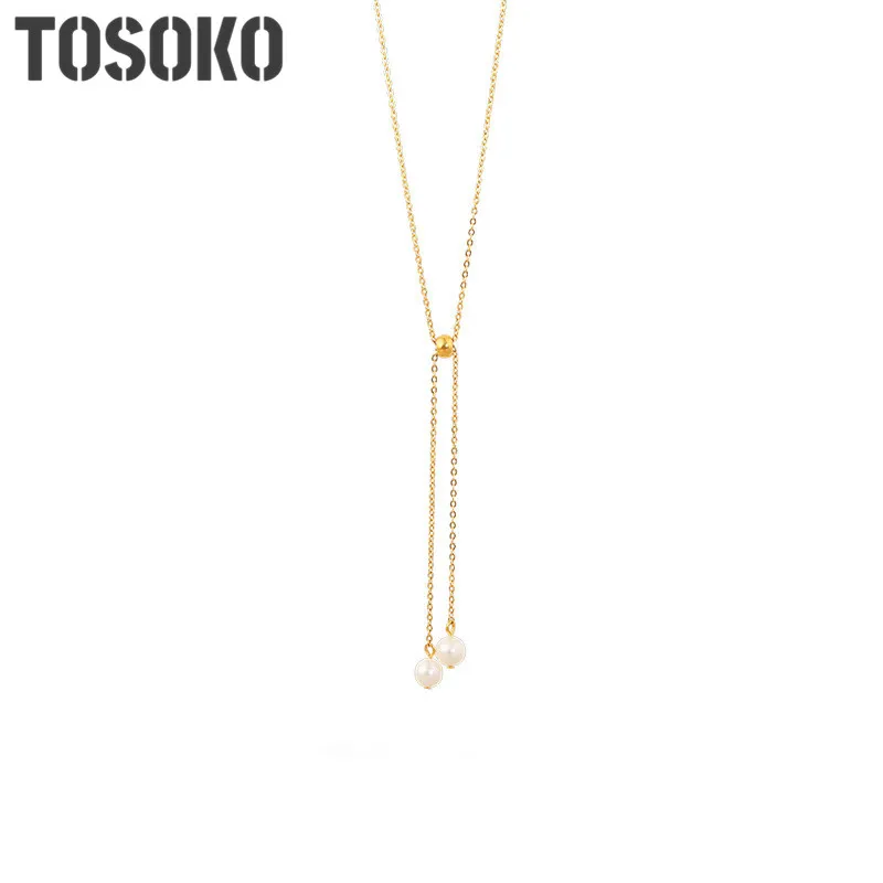 

TOSOKO Stainless Steel Jewelry Tassel Pearl Necklace Pull Adjustable Pendant Clavicle Chain Women Fashion Jewelry Gift BSP702