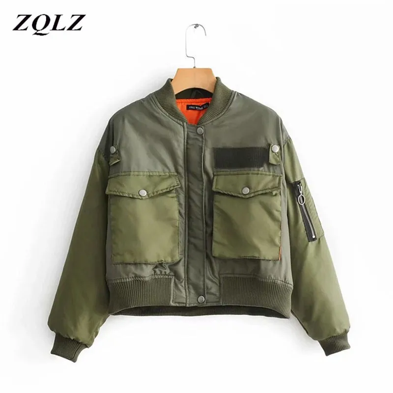 

ZQLZ Autumn winter Bomber Jacket Women Army Green Warm Zipper Pockets Fashion Coat Female Jacket Parkas Femme Chaqueta Mujer