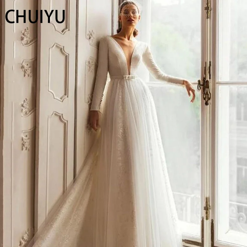 

HERBURNL Sexy Deep V-Neck 2021 Long Sleeve Satin Wedding Gowns Dresses Stylish Fashion For Women Party