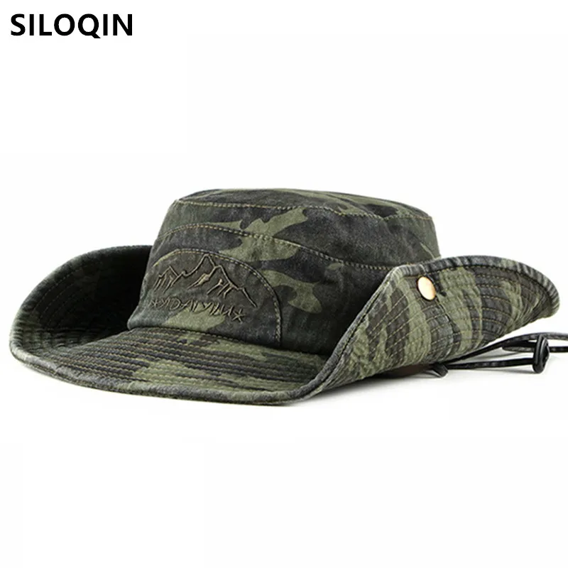 

SILOQIN Foldable Summer Men's Panama Bucket Hats Rock Climbing Camouflage Flat Caps Washed Cotton Fishing Cap Women's Beach Hat