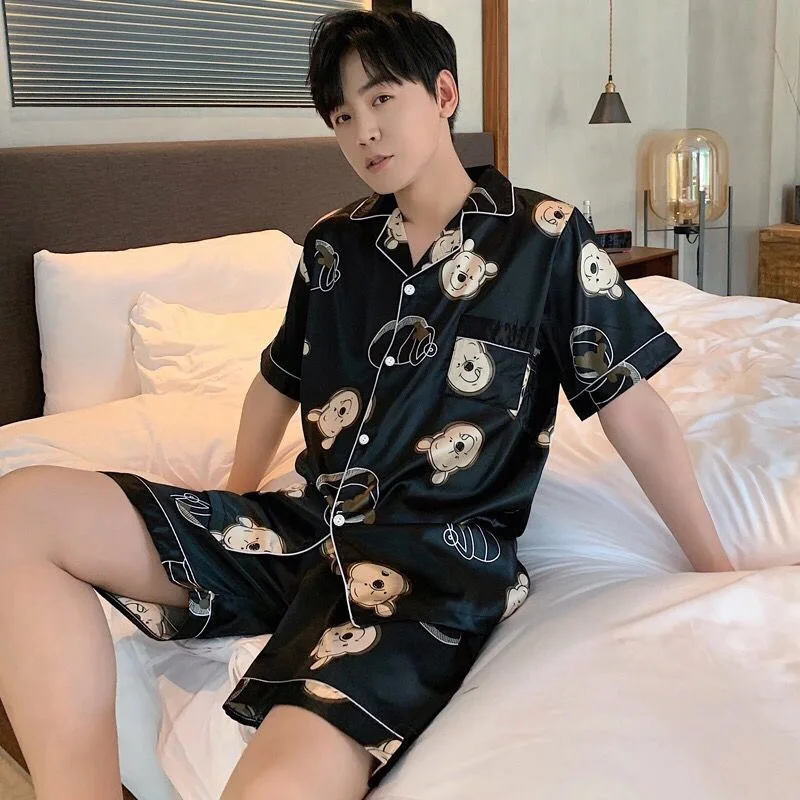

Summer Men's Pajamas Cardigan Short-sleeved Shorts Two-piece Suit Lapel Thin Section Men's Casual Loose Ice Silk Home Service