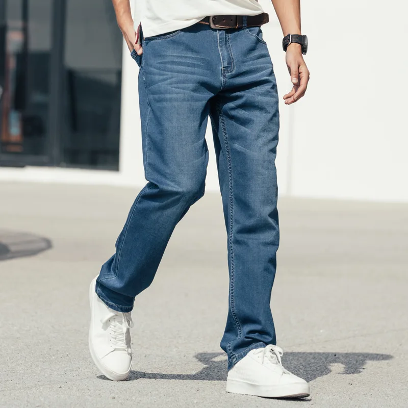 Summer Thin Section Men's Jeans Straight Large Size Loose Elastic Force Denim Pants Hip Hop Leisure Streetwear Blue Trousers
