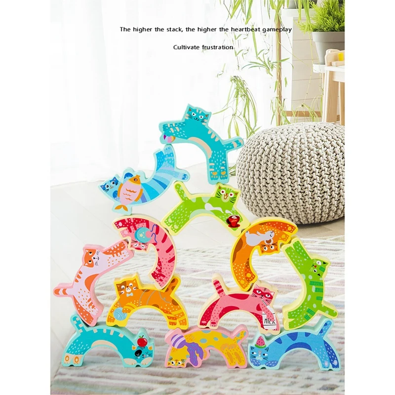 

Wooden Kitten Balance Building Blocks DIY Stacking Toy Wooden Blocks Toys Kids Colorful Stacking Wood Blocks Block Toys