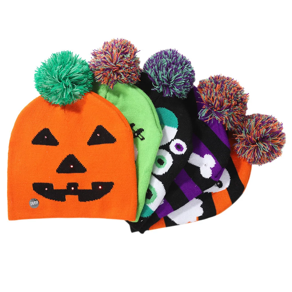 

LED Halloween Hat Sweater Knitted Beanie Pumpkin Skeleton Ghost Halloween Light Up Hat Gift for Kids Halloween Decorations