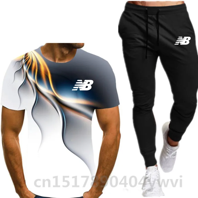 

Sportswear track suit men's elastic waist letter two-piece suit printing casual fashion O-neck T-shirt jogging sports T-shirt +