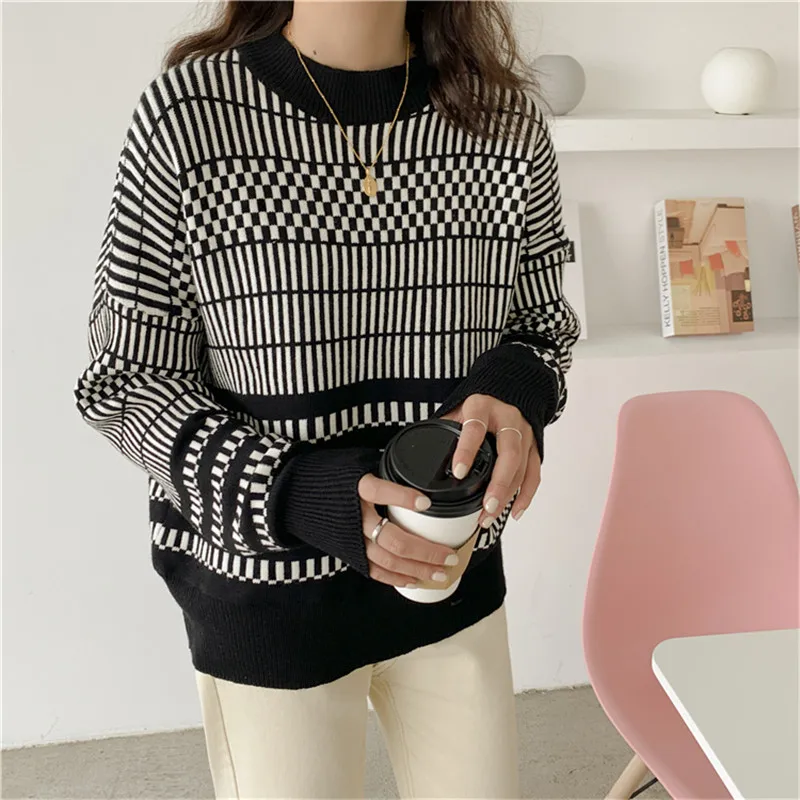Shop1314 Winter Knitted Sweater Women Vintage Artistic Monochrome Jacquard Female Romantic Geometry Print Loose Pullover | Женская